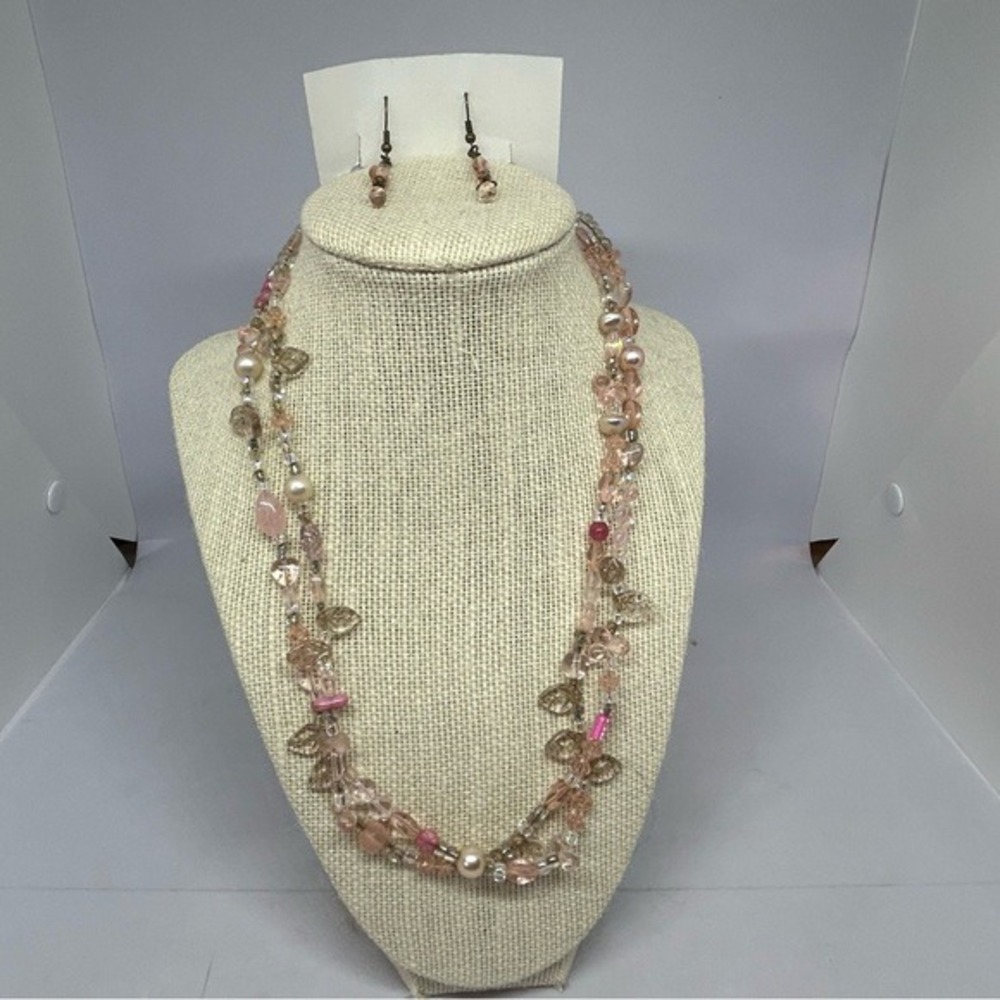 Barbiecore Pink Clear Beaded Princess Necklace & Dangle Earrings Set Party